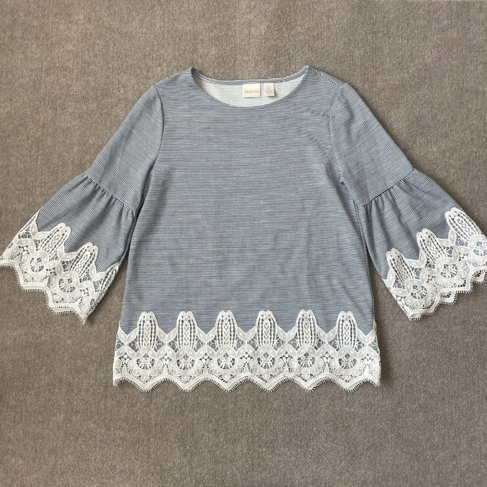 Chico's Shirt Womens 0 (Small) Blue White Striped Lace Bell Sleeves Hem Casual
